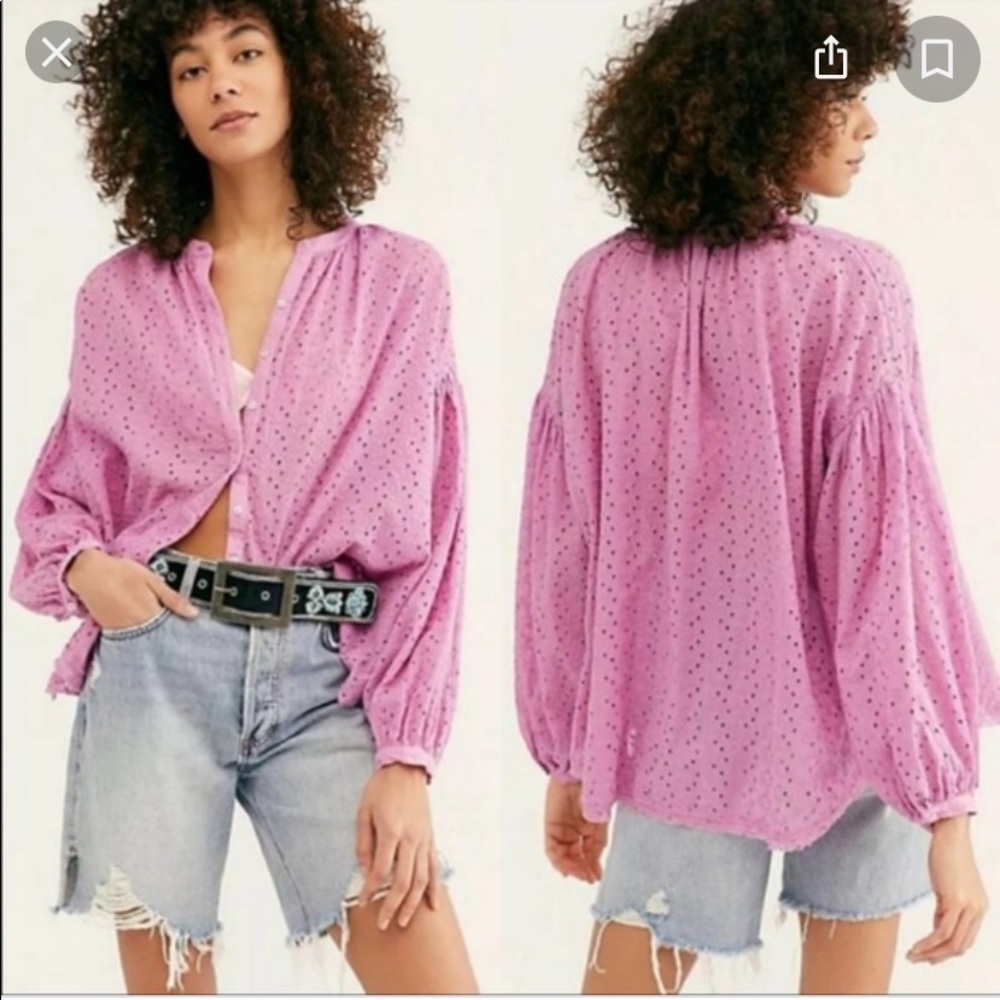 Free People Madison eyelet blouse in pink orchid high low hem balloon sleeve L